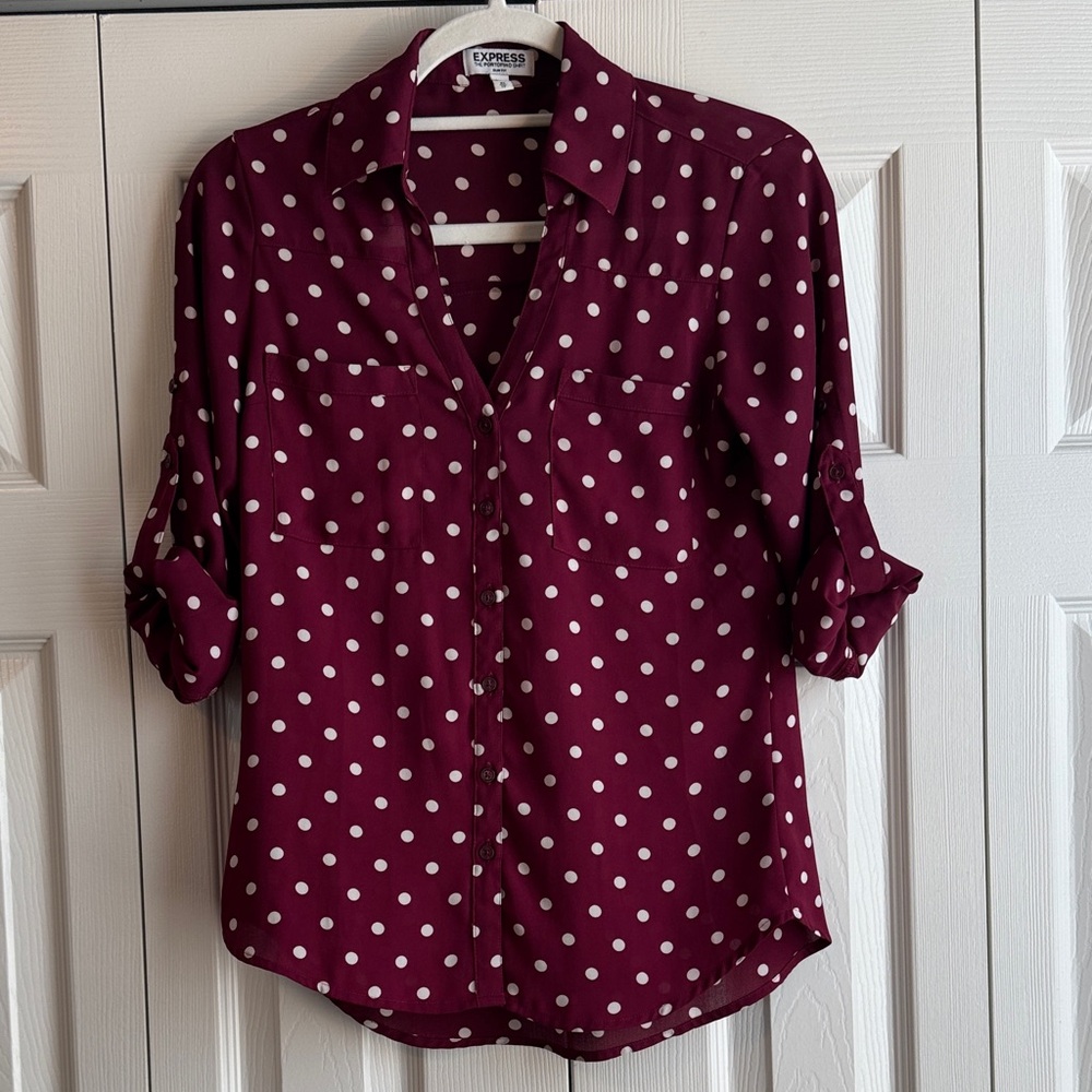 Express Maroon Polka Dot Portofino Button Down Shirt